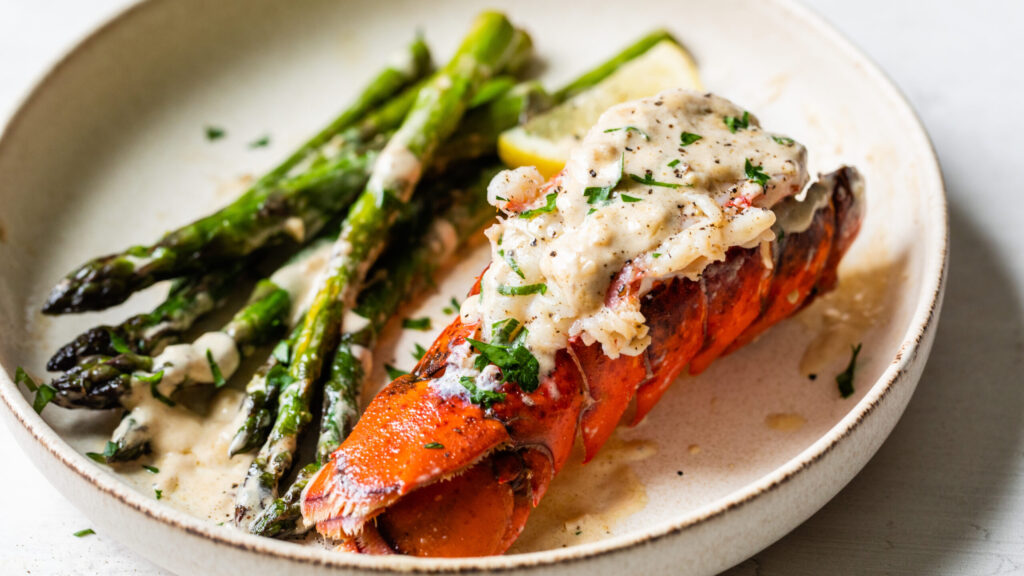 Maine Lobster Tails with Creamy Lemon Parmesan and Asparagus recipe image